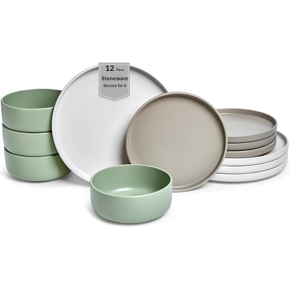 12- Stoneware Dinnerware Set for 4, Satin Glazed Plates and Bowls Sets with Matte Finish, Ceramic Dish Set, Durable Kitchen Dishes, Microwave & Dishwasher Safe for Casual Dining, Rollo Alta