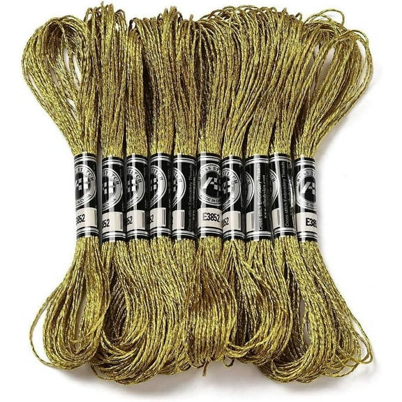 12 Strands Yellow Gold Polyester Cross Stitch Thread Metallic Glitter Embroidery Floss Golden Silver Shimmer Crewel Polyester Floss Bulk for Sewing Making Home Decoration Friendship Bracelet
