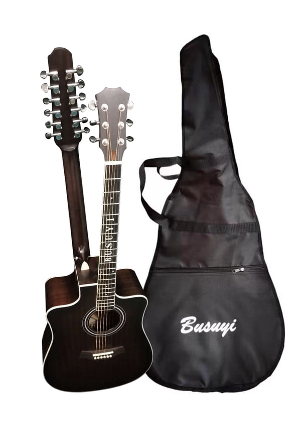 12 String Acoustic / 6 String Acoustic, Double Sided, Dreadnought, Travel, Busuyi Guitar, (Black) All Levels