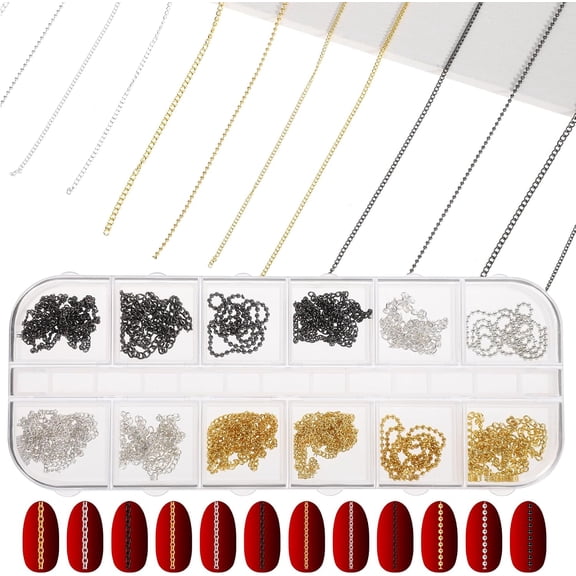 12 Strips Nail Chain Charms, Metal Nail Art Chain, Line Nails Charms 3D Nails Art Chains Supplies with Box Punk Studs Accessories for Manicure Decoration DIY