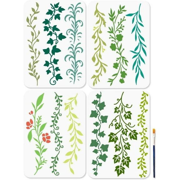12 Style Leaf Vine Stencils Tree Branch Flower Leaf Stencils with Paint Brush 11.78.3inch Reusable Plant Theme Template for Wood Window DIY Craft Photo Album Mixed Color