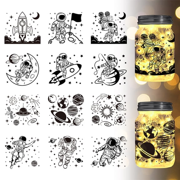 12 Style Silhouette Paper for Lighting Decoration Paper Cut Light Box Rectangle Spaceman Pattern 90x100mm 12pcs/set for DIY