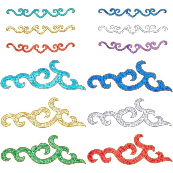 12 Style Wave Pattern Clothing Sequin Patches Iron on Metallic Polyester Thread Embroidered Appliques Mixed Color 40~120x240~305x0.8mm DIY