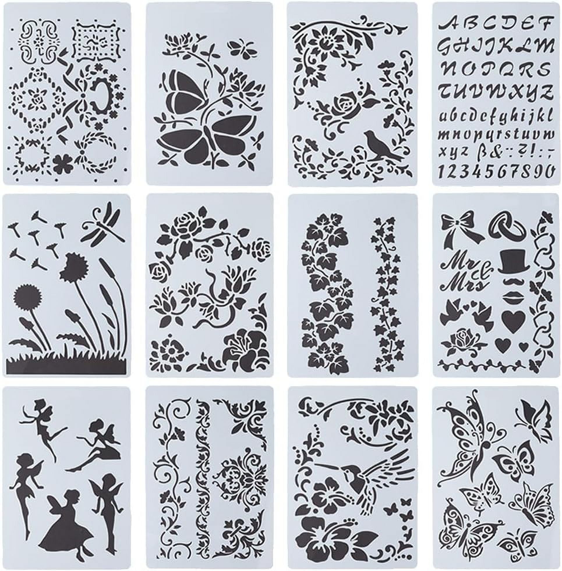 12 Styles 10.3 12-styles-10-3-x-6-9-ivy-plastic-drawing-art-stencil-reusable-vine-fairies-template-butterflies-dragonflies-alphabet-number-flower-bird-border-stencils-for-wood-floor-furniture-fabric-walmart-com