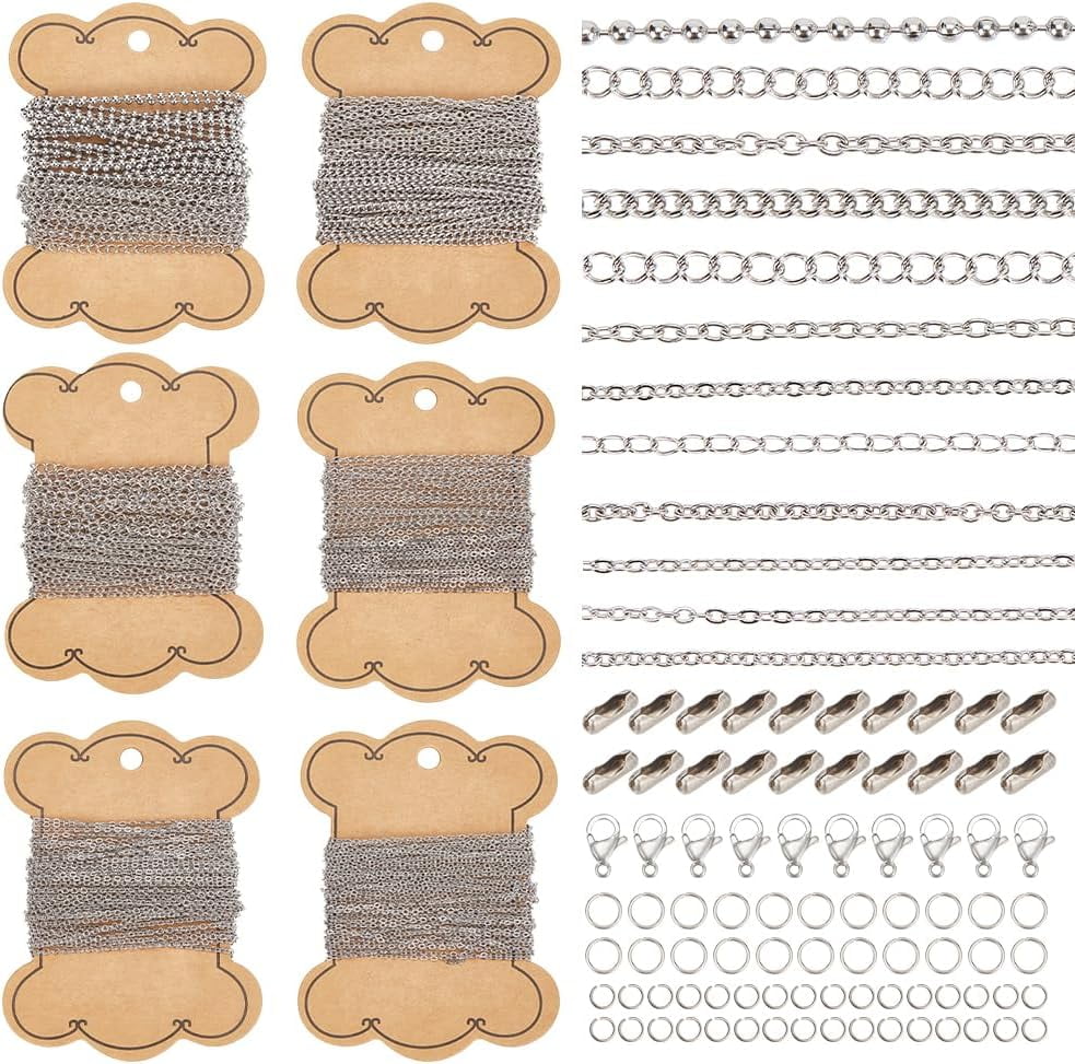 12 Styles 118 Feet Necklace Chains Stainless Steel Link Chain for DIY Craft Jewelry Making with 300pcs Jump Rings 40pcs Lobster Clasps 20pcs Chains Connectors Silver