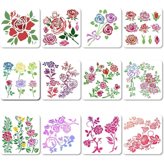 12 Styles 18x18cm Rose Flowers Stencil Flowers Leaves Templates Floral Buds Rose Bouquets Vines Branches Leaf Pattern Square Plastic Stencils Sign for Painting on Canvas Scrapbooking Card Mixed Color