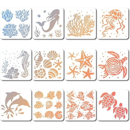 12 Styles 18x18cm Sea Creatures Stencils Square Painting Template Coral Shell Conch Sea Turtle Starfish Tropical Fish Reusable Summer Ocean Theme Drawing Stencil DIY