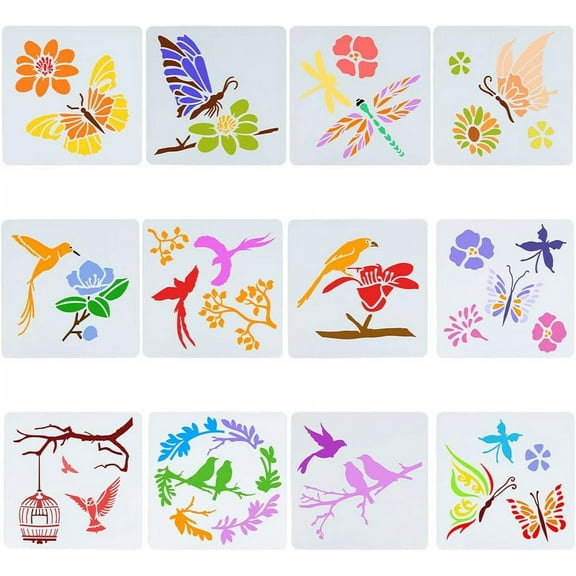 12 Styles 20x20cm Bird Tree Branches Stencil Flower Butterfly Templates Sunflower Dragonfly Leaf Spring Summer Stencils Large Reusable Painting Stencil for Crafts Wood Canvas Wall Decor White DIY