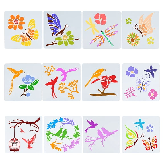 12 Styles 20x20cm Bird Tree Branches Stencil Flower Butterfly Templates Sunflower Dragonfly Leaf Spring Summer Stencils Large Reusable