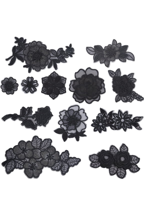 12 Styles 3D Flower Patches Fabric Embroidery Floral Blossom Sew on Lace Trim Applique for Wedding Bride Dress Sewing Repairing Decorating Clothing