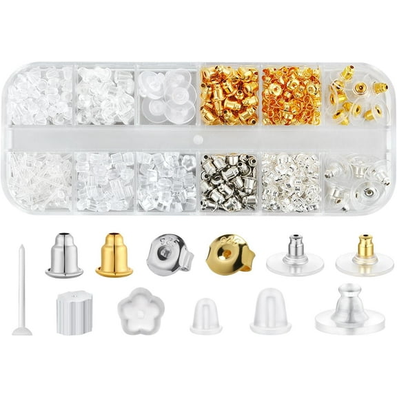 12 Styles 600 Pcs Earring Backs for Studs, Clear Plastic Earrings Hypoallergenic Metal Rubber Silicone Earring Backs Bullet Clutch Stoppers Replacement Kits for Fish Hook Earring Studs Hoops