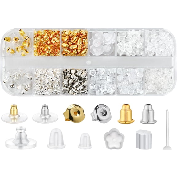 12 Styles 600 Pcs Earring Backs for Studs, Clear Plastic Earrings Hypoallergenic Metal Rubber Silicone Earring Backs Bullet Clutch Stoppers Replacement Kits for Fish Hook Earring Studs Hoops