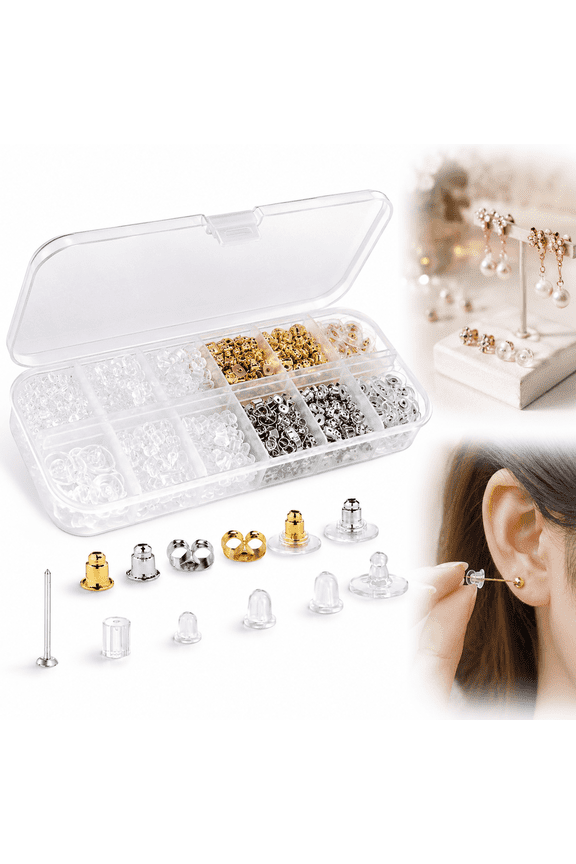 12 Styles 600 Pcs Earring Backs for Studs, Clear Plastic Earrings Hypoallergenic Metal Rubber Silicone Earring Backs Bullet Clutch Stoppers Replacement Kits for Fish Hook Earring Studs Hoops