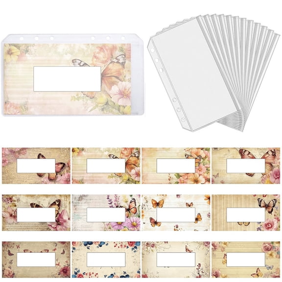12 Styles A6 Binder Cash Envelope Budgeting Butterfly with Label Expense Money Trackers Saving PVC Inserts 6-Ring Budget Divided Envelopes