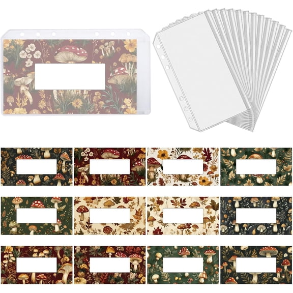 12 Styles A6 Binder Envelope for Budgeting PVC with Label Mushroom Expense Saving Inserts 6-Ring Budget Divided Envelopes Stuffing Bag Pocket Sleeves for Financial Planner