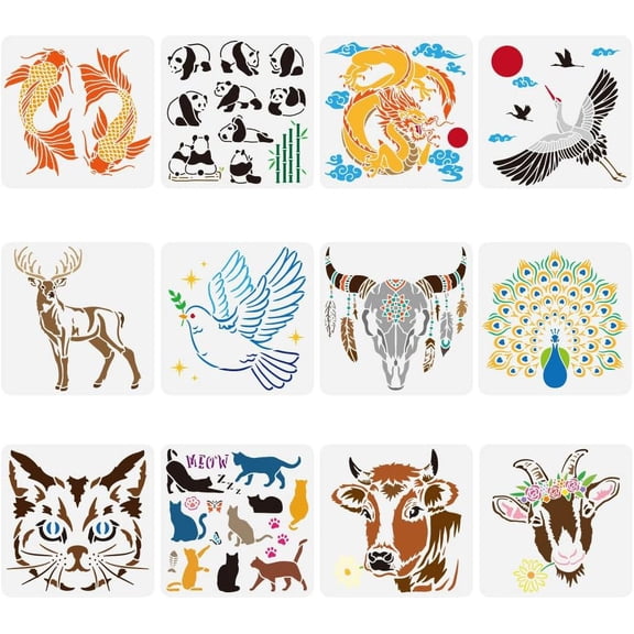 12 Styles Animal Pattern Painting Stencil Set - 12 Pcs 11.8x11.8 inch Chinese Dragon Panda Koi Cat Deer Pigeon Peacock Crane Goat