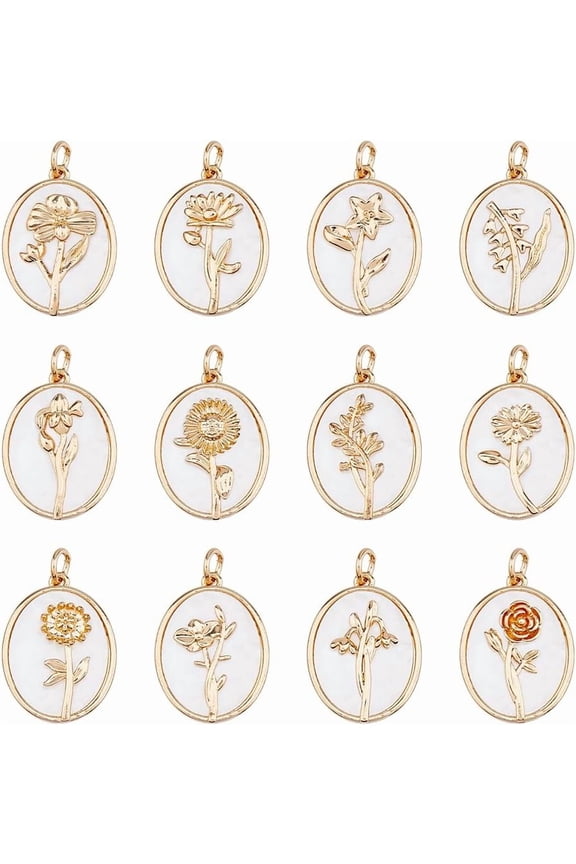 12 Styles Birth Flower Charms White Flower Dangles Charms Cute Floral Pendants Brass Pendants