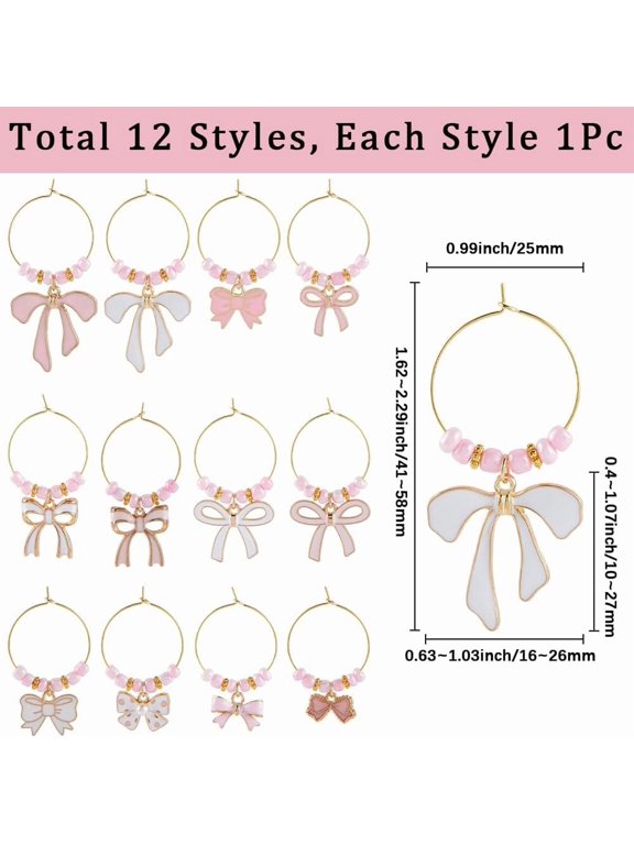 12 Styles Bow Drink Charms Drink Tag Charms Bulk Pink Cute Kawaii Alloy Enamel Bowknot Labels Cups Stem Identifier Gold Markers Wine Glass Labels for Party Favor Tasting Supplies Women Adult