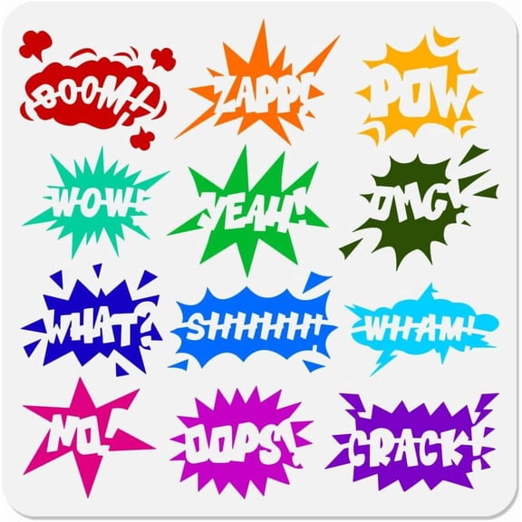 12 Styles Comic Text Stencil for Painting, 11.8"x 11.8" Reusable Comic Dialog Bubble Stencil Drawing Template, DIY Craft Paint Template for Wall Home Decor Wood Burning Floor Canvas Paper