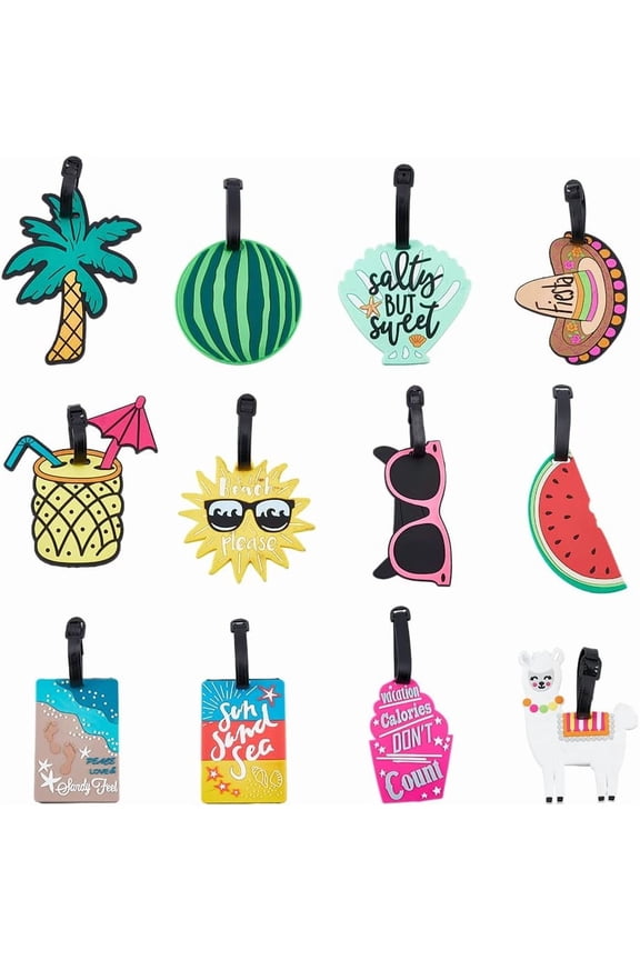 12 Styles Food Theme Luggage Tags Set Plastic Identify Baggage Label Summer Beach Holiday Travel Suitcase Tags Colorful Cute Name Card Holders123-185mmMixed Color