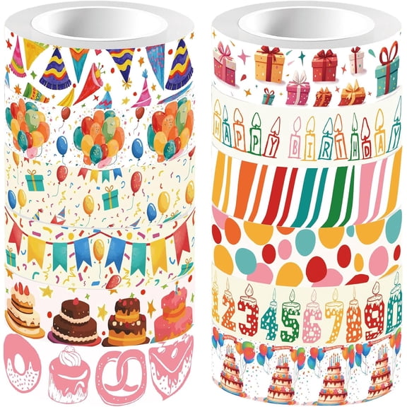 12 Styles Happy Birthday Masking Tape Journal Tape 16.4FT Cakes Balloons Decorative Gift Wrapping Tape Rolls
