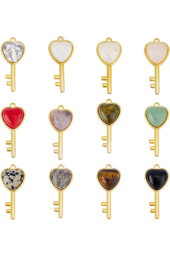 12 Styles Heart Shape Key Pendants Mixed Colors Gemstone Charm Natural Quartz Pendants Stone with Light Gold Plated Brass Findings for DIY Bracelets Earring Necklace Jewelry Making