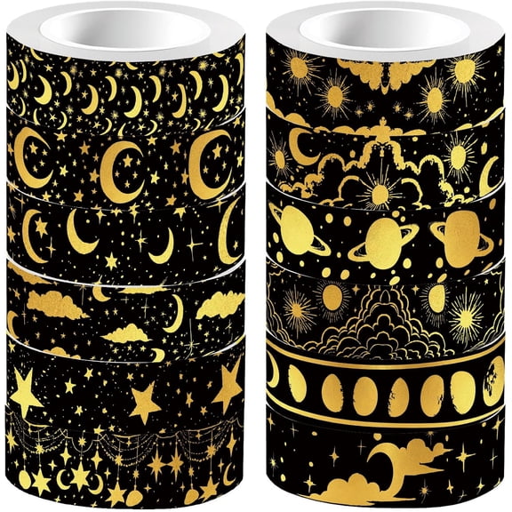 12 Styles Moon Pattern Masking Tape Journal Tape 16.4FT Gold Foil Moon Decorative Gift Wrapping Tapes Rolls for DIY Crafts Scrapbook Journal Notebook Planner Envelope Party Favor Supplies