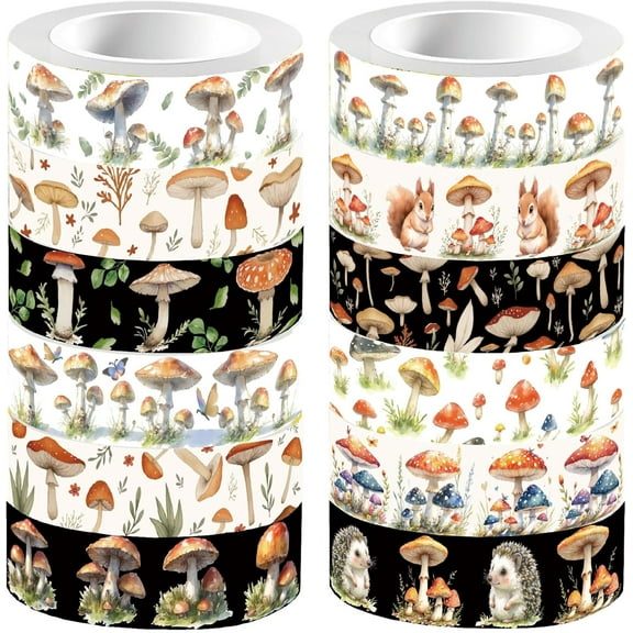 12 Styles Mushroom Masking Tape Journal Tape 16.4FT Squirrel Hedgehog Decorative Gift Wrapping Tapes Rolls