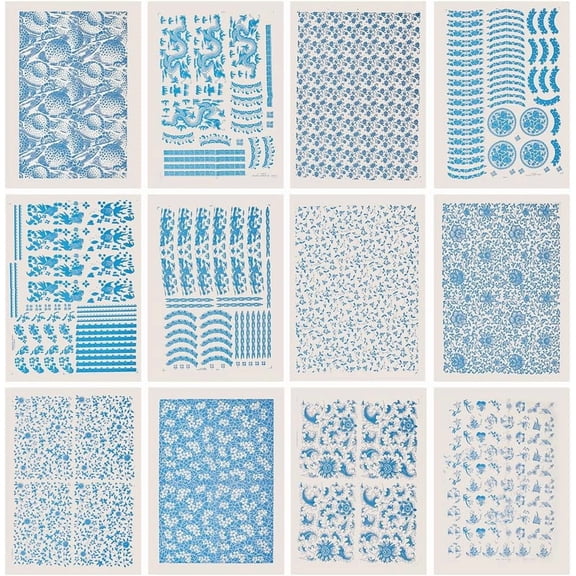 12 Styles Pottery Ceramics Clay Transfer Paper 21x15Inch Blue and White Porcelain Pattern Underglaze Transfers Decals Ceramic Decals for Pottery Enamel for DIY