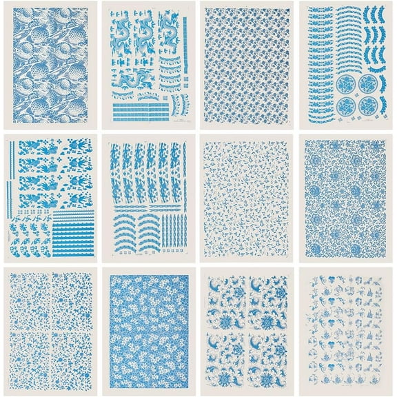 12 Styles Pottery Ceramics Clay Transfer Paper 21x15Inch Blue and White Porcelain Pattern Underglaze Transfers Decals Ceramic Decals for Pottery Enamel diy