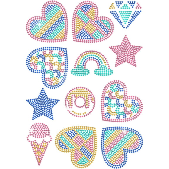 12 Styles Rainbow Hearts Rhinestone Iron on Hotfix Transfer Rhinestone Decals Colorful Star Diamond Rainbow Heart Ice Cream Donuts Heat Transfer Bling Patch for Cloths Bag Pant Colorful