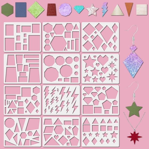 12 Styles Reusable Leather Earrings Making Templates Geometric Square Star Rhombus Hexagonal Triangle Painting Template Plastic Cutting Stencil