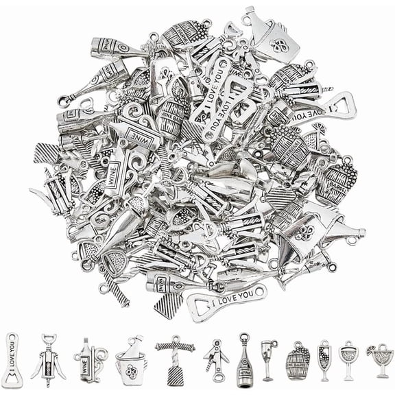 12 Styles Silver Wine Charms 120Pcs Tibetan Style Alloy Charms Bulk Grape Cocktail Glass Charms Tasting Wine Jewelry Making Supplies Charms for DIY Crafts Hole: 1.4-3mm