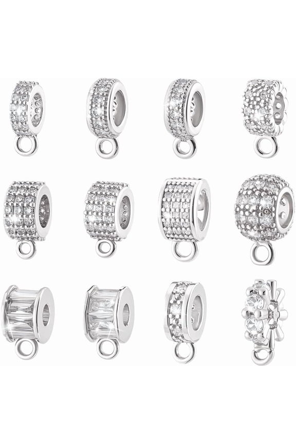 12 Styles Spacer Bail Bead Hanger Silver Rhinestone Bail Beads with Charm Loop Cubic Zirconia Bails Connectors