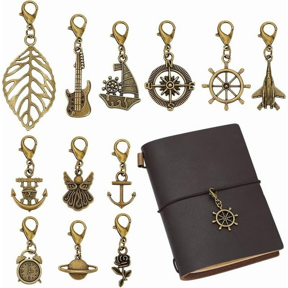 12 Styles Traveler's Notebook Vintage Charms Bracelet Charm with Lobster Clasps for Jewelry Making Notebook Decor Antique Golden Alloy Pendants for Journal Planner Necklace Keychain Antique Golden