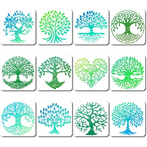 12 Styles Tree of Life Stencil Branch Painting Stencils Reusable Tree Root Leaves Drawing Template Heart Natural Plants Woodland Hollow Out Templates