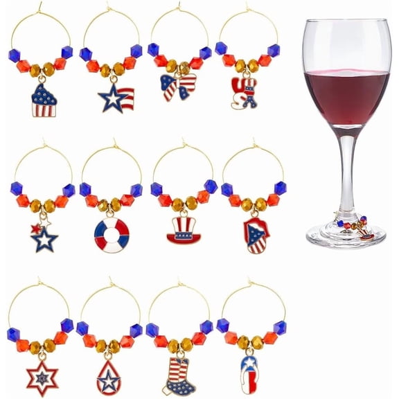 12 Styles USA Wine Charms Wine Glass Identifiers American Patriotic 4th Fourth of July National Flag Drink Tag Charm for Wedding Party Favors Reception Decorations