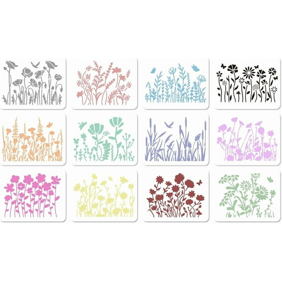 12 Styles Wildflower Stencils Plastic Hydrangea Lily Flower Stencil Spring Floral Reusable Field Rose Templates Drawing Botanical Field Plants Stencil for DIY