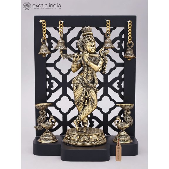 12" Superfine Fluting Lord Krishna Idol with Stylized Wood Frame