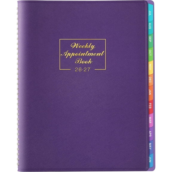 12-Tab Weekly Appointment Book And Daily Planner, July 2026 To June 2027, 8.5 x 11 Inches, 15-Minute Intervals, Flexible Leather Cover, Back Pocket