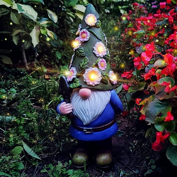 12" Tall Solar Garden Statues Gnome with 6 Flower Lights Hat, Weather Proof Outdoor Decor Fairy Statue Gnome Ornament for Patio, Yard, Lawn, Porch, Housewarming Gifts