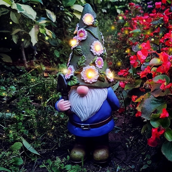 12 inch Solar Gnome Garden Statue, Weather Resistant Outdoor Decor with 6 Flower Hat Lights for Patio Yard Lawn Porch, Housewarming Gift