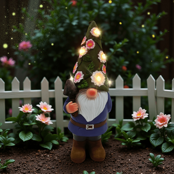 12" Tall Solar Garden Statues Gnome with 6 Flower Lights Hat,