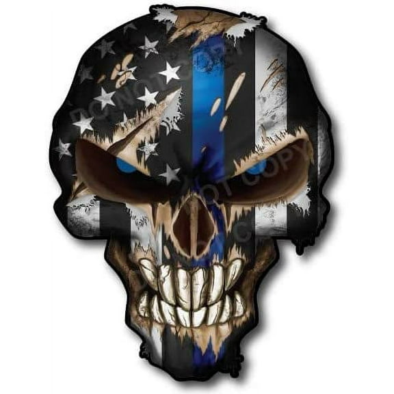 12" Tall Thin Blue Line Skull with Blue Reflective Eyes Police Officer BLM American Flag Vinyl Decal Sticker Car Truck