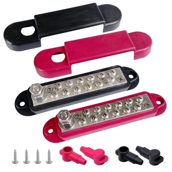 12 Terminals Bus Bar, Ampper 5.3" Power / Ground Distribution Block Brass Battery BusBar Junction for Car Vehicle Rv Truck Marine Boat Audio Amplifier and More (Red & Black)