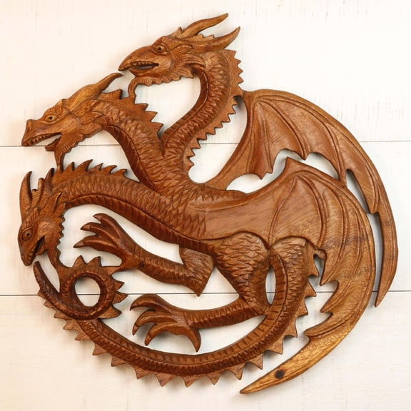 12" Three Headed Dragon Wooden Wall Art  Hand Carved Fantasy Sculpture, Rustic Mythical Home Decor