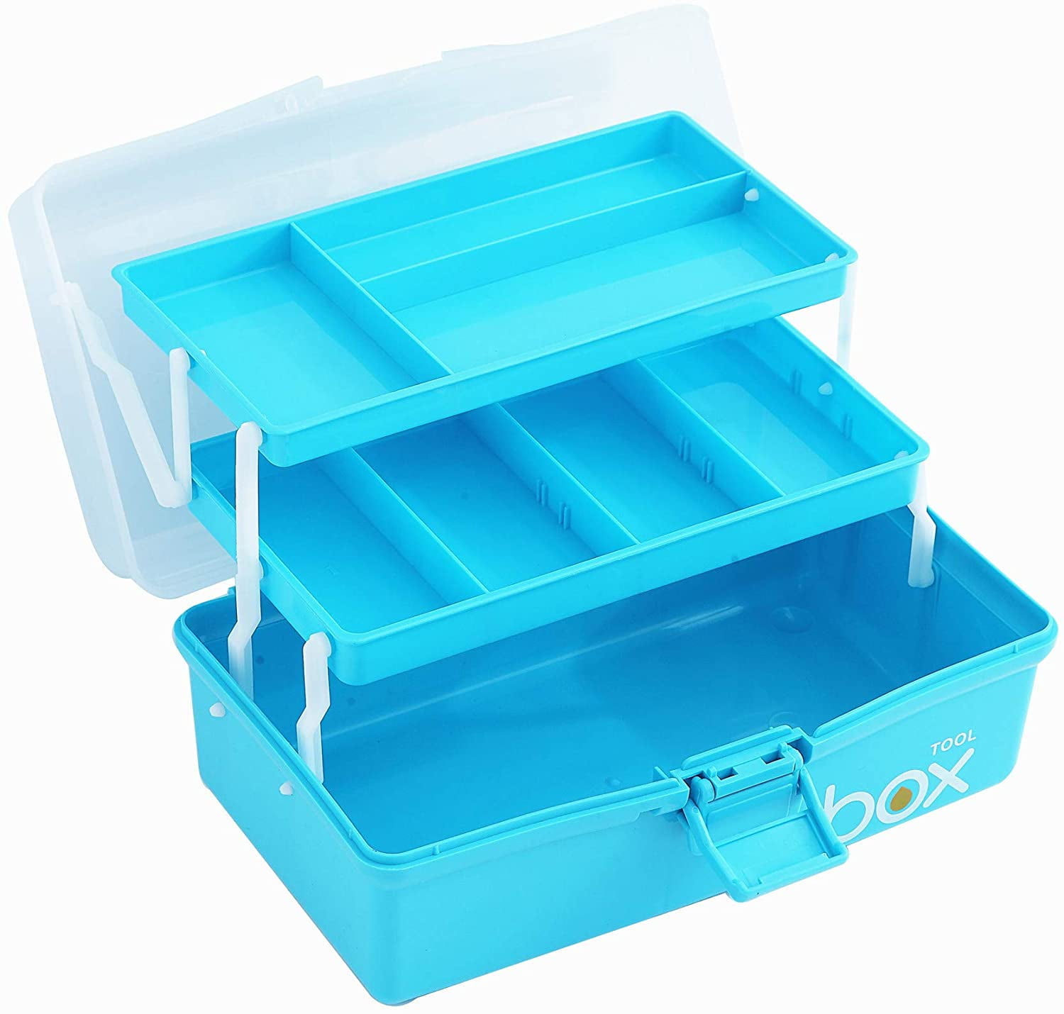 Sunxenze 12'' Three-Layer Clear Plastic Craft Storage Box, Tool Box/Sewing Box Organizer, Art with Handle (Light Blue)