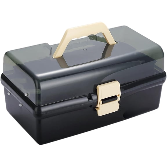 12'' Three-Layer Clear Plastic Storage Box/Tool Box, Multipurpose Organizer and Portable Handled Storage Case for Art Craft and Cosmetic (Black)