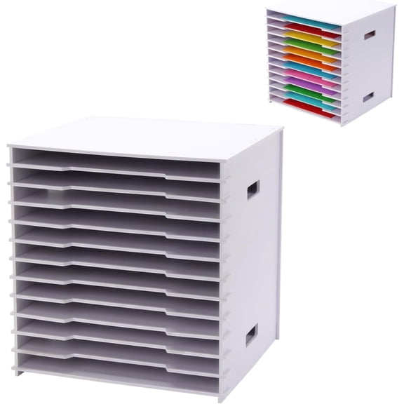 12 Tier 12" x 12" Scrapbook Paper Organizer, White File Cardstock Paper Sorter Storage Rack, Document Holder Desktop Scrapbook Organizer Cube for Home Office School, Easy Assembly