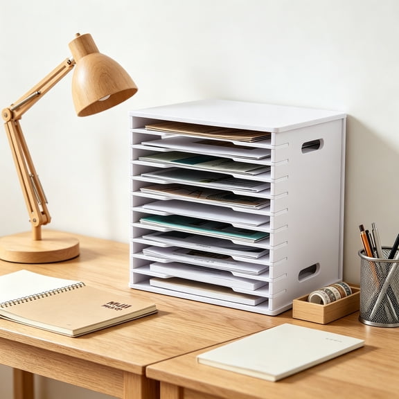 12-Tier 8.5" x 11" Scrapbook Paper Organizer, White Cardstock File Organizer with Adjustable Shelves, Stackable Paper Trays, Desktop Storage Rack Document Holder for Desk Home Office